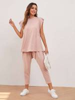 Regular Fit Drawstring Casual Plain Women Two-piece Outfits 5225