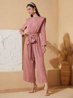 Long Belted Dusty Pink Long Sleeve Women Jumpsuits 155