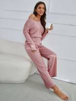 Plain V neck Long Sleeve Women Sleep  Lounge 164