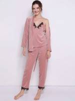 Long Sleeve Dusty Pink Contrast Lace Women Sleep  Lounge 7950