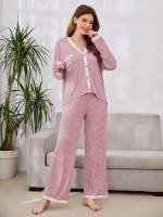  V neck Pocket Dusty Pink Women Pajama Sets 596