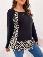 Regular Fit Long Sleeve Leopard Scoop Neck Plus Size T-shirts 9381