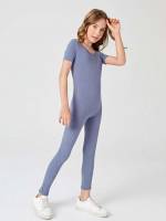 Plain Round Neck Casual Dusty Purple Girls Clothing 7566