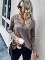 Regular Plain Dusty Purple Long Sleeve Women Tops, Blouses  Tee 9068