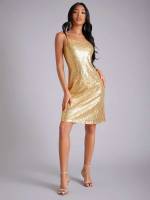 Plain Sleeveless Gold Glamorous Women Clothing 3683