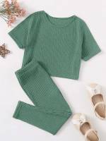 Regular Fit Rib-Knit Green Toddler Girl Two-piece Outfits 2021