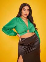 Green Long Sleeve Crop Plain Women Plus Clothing 153