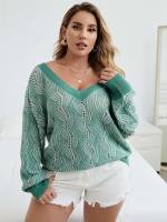 Green V neck Regular Long Sleeve Women Plus Clothing 8371