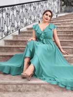 Green Maxi Glamorous Deep V Neck Plus Size Wedding Party Wear 8687