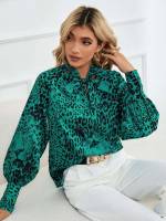 Green Long Sleeve Tie Front Elegant Women Blouses 157