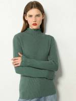 Green Stand Collar Casual Women Knitwear 380