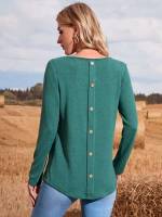  Fake Buttons Green Scoop Neck Women Tops, Blouses  Tee 5870