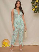 Sleeveless Regular Fit Floral Backless Women Jumpsuits  Bodysuits 137