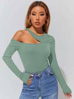 Green Long Sleeve Asymmetrical Neck Slim Fit Women T-Shirts 4553