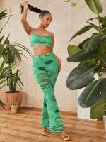 Green Sleeveless Women Two-piece Outfits 862