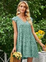 Ruffle V neck Boho Cap Sleeve Women Dresses 587