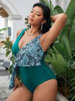  Green Snakeskin Print V neck Plus Size Beachwear 945