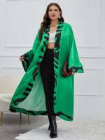 Colorblock Belted Long Plus Size Cover Ups  Kimonos 1643