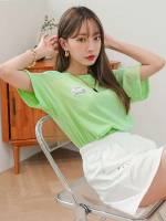 Regular Short Sleeve Green Letter Women T-Shirts 2170