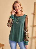  Long Sleeve Green Floral Women Tops 9009