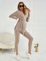 Long Sleeve Grey Plain Maternity Two-piece Suits 5643