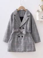 Grey Plaid Lapel Casual Girls Coats 4917