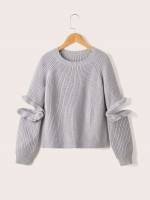 Ruffle Regular Round Neck Grey Girls Sweaters 744