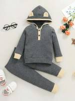  Button Hooded Grey Toddler Boy Two-piece Outfits 4760