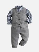 Regular Fit Long Sleeve Gingham Grey Toddler Boy Two-piece Outfits 6359