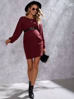 Round Neck Rib-Knit Grey Slim Fit Maternity Dresses 6254