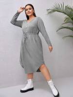  Fake Buttons Regular Fit Long Sleeve Plus Size Dresses 5514