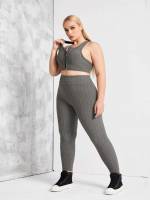 Grey Zipper Scoop Neck Women Plus Activewear 4936