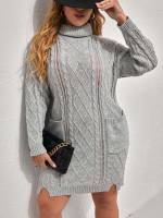 High Neck Casual Split Plain Plus Size Knitwear 946