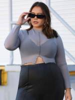 Stand Collar Lettuce Trim Long Sleeve Crop Plus Size Tops 3612