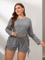 Long Sleeve  Grey Plus Size Pajama Sets 3022