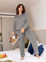 Long Sleeve  Grey Plus Size Pajama Sets 2794