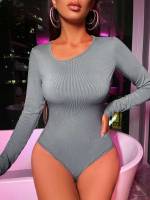 Grey Skinny Plain Women Bodysuits 7042