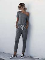 Short Sleeve Asymmetrical Neck Regular Fit Capris Women Jumpsuits  Bodysuits 187