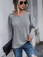  Regular Fit Scoop Neck Fake Buttons Women Tops, Blouses  Tee 3290