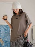 Long Grey Short Sleeve Patched Women Tops, Blouses  Tee 5654