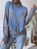 High Neck Fringe Regular Fit Grey Women Sweaters 7527