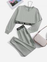 Long Sleeve Letter Casual Round Neck Women Two-piece Outfits 4627