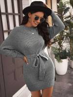 Short Plain Round Neck Elegant Women Sweater Dresses 812