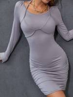 Ruched Grey Long Sleeve Round Neck Women Dresses 537