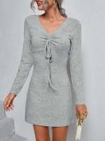 Grey Ruched Short V neck Women Dresses 6409