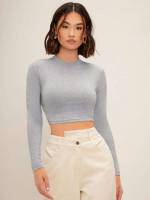 Grey Crop Long Sleeve Women Clothing 580