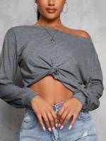 Asymmetrical Casual Plain Women T-Shirts 6187