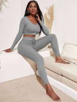  Grey Sporty Rib-Knit Women Clothing 9329