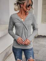  V neck Regular Grey Women Tops, Blouses  Tee 9759