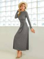 Plain Grey Ruched Long Sleeve Women Dresses 2577